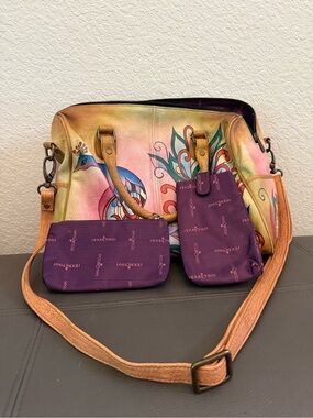 Anuschka Multicolor Hand-Painted Leather Peacock Satchel with dust bag